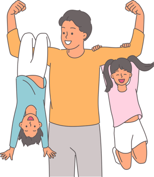 Strong father lifts children in arms and shows biceps, proud of having little son and daughter. Concept celebrating father day and congratulating beloved young dad on family holiday. png