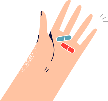 Hand with two pills to fight headache or vitamins to improve immunity after illness. Pharmacological drugs or pills to get rid of viral disease that causes cough and fever in patient png