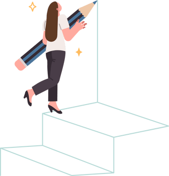 Woman draws career ladder to move up ranks and achieve success in professional field. Metaphor for striving for success and independently creating conditions for achieving your goals. png