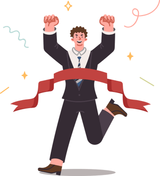 Man champion crosses finish line and raises hands up, celebrating victory in corporate relay race. Guy office manager achieves success and victory in career thanks to leadership thinking png