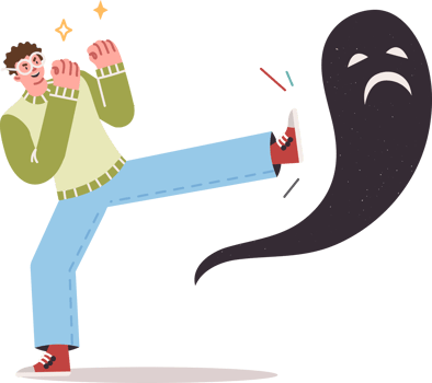 Man fights mental fears and psychological problems, by kicking flying ghost. Confronting panic attack caused by mental disorder from guy who does not need antidepressants and help of psychotherapist png