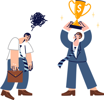 Envy from losing business man to colleague who received gold cup for winning professional competition. Problem of envy among corporate employees, causing decrease in motivation for productive work png