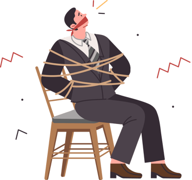 Bound and gagged business man has become hostage to bad employer who forbids to leave workplace. Frightened guy, hostage, needs help of lawyer to free himself from corporate slavery. png