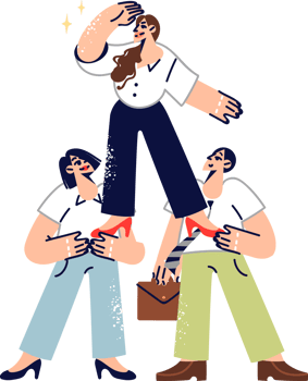 Woman leader looks around in search of new opportunities, with support of two colleagues. Teamwork of office employees thanks to trust in leader who has proven own professionalism. png
