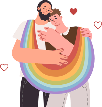 Two gay men in love with LGBT flag hugging, inviting to parade in honor of pride month. LGBT couple promotes importance of protecting rights of sexual minorities and legalization of same-sex marriage png