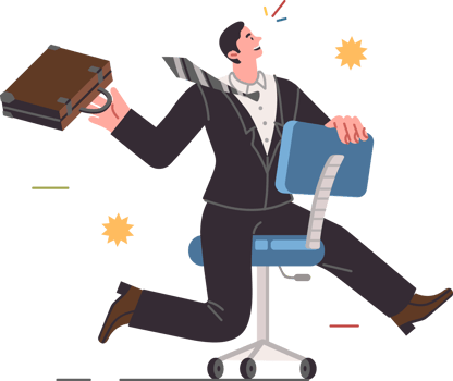 Business man rides on office chair and rejoices at opportunity to build career and gain new professional skills. Business guy experiences euphoria after achieving goal or increasing salary and bonuses png