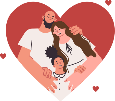 Happy family of parents and little daughter hugging located in big heart, symbolizing mutual love or unity. Positive family with mom and dad near foster child of preschool age taken from orphanage png