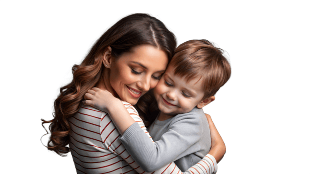 A mother and son embrace in a heartwarming hug, showing love and affection. png