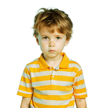 Young Boy Wearing Yellow Striped Shirt Stands in Front of Transparent Background png