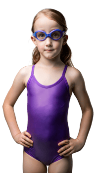 Young Girl Wearing Purple Swimsuit and Goggles Ready for Swimming png