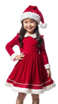 A young girl in a Santa hat and dress, smiling brightly. png