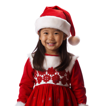 Smiling Young Girl Wearing Santa Hat and Red Christmas Dress png