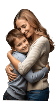A mother and son embrace in a heartwarming hug, showing love and affection. png
