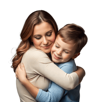 A mother and son embrace in a heartwarming hug, showing love and affection. png