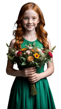 Young Girl in Green Dress Holding Bouquet of Flowers png