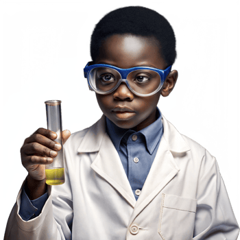 A young African boy in a lab coat carefully holds a test tube, focusing intently on the experiment. png