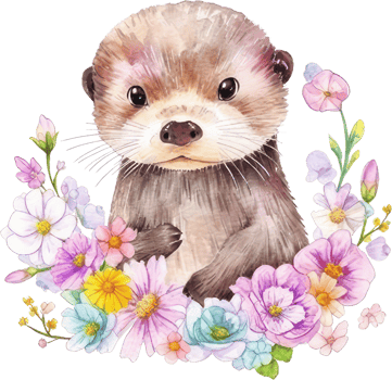 Cute baby otter with flowers png