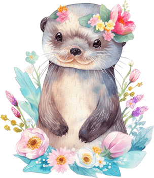 Cute baby otter with flowers png