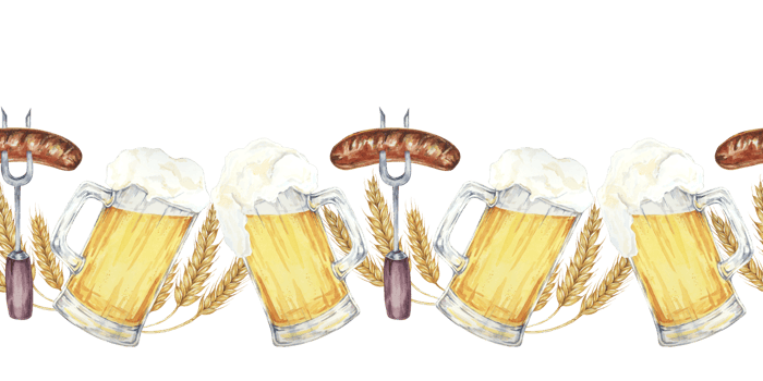 Beer mugs, barley stalks, forks with grilled sausage in continuous line. Seamless border watercolor clipart for pub signs, beer tasting events, Oktoberfest promotions, party supplies png