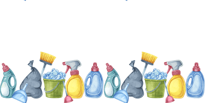 Cleaning essentials seamless border. Watercolor banner clipart for janitorial services, housekeeping businesses, digital content, classroom posters, brochures, social media, promotional flyers png