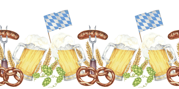 Frothy beer mugs, pretzels, hops, barley, sausages and Bavarian flags festive clipart. Watercolor seamless border, banner for Oktoberfest advertising, beer garden signage, and festive party invitations png