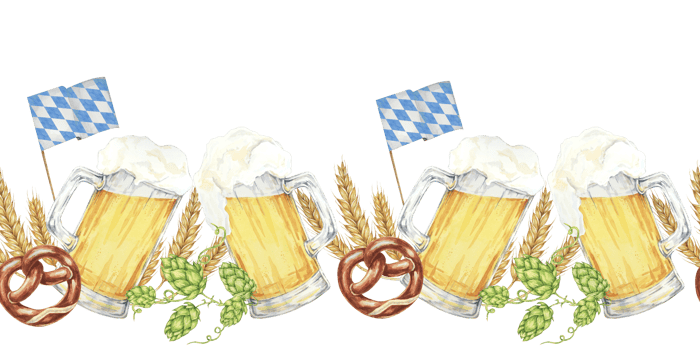 Beer mugs with foam, pretzels, hops, barley, and Bavarian flags banner clipart. Watercolor seamless border for creating Oktoberfest promotional materials, bar menus, and festive party invitations. png