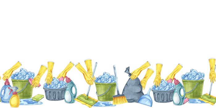 Cleaning scene with hands in yellow rubber gloves. Watercolor seamless border. Dynamic clipart for cleaning services, housekeeping businesses, digital content, website banners, promotional flyers png