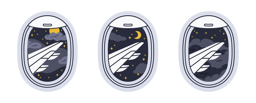 Flying airplane portholes. Aircraft windows with night cloudy sky plane window view flat illustration set. Airplane travel windows collection vector