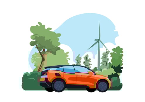 orange electric car in forest, windmills on background vector