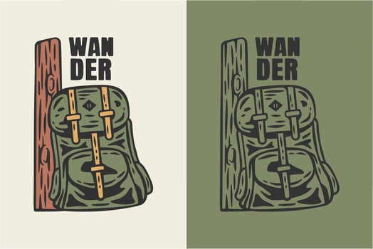 Vintage illustration of a backpack resting on a wooden trunk. A trip-themed design is suitable for printable products. vector