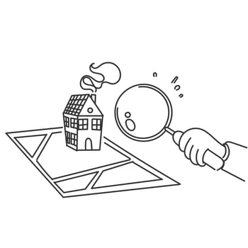 hand drawn doodle house and map search with magnifying glass symbol for searching house position vector