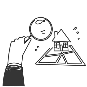 hand drawn doodle house and map search with magnifying glass symbol for searching house position vector