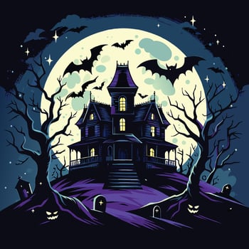 Haunted house on hill with bats and full moon illustration vector
