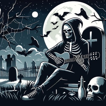 Skeleton playing guitar in moonlit graveyard with bats illustration vector
