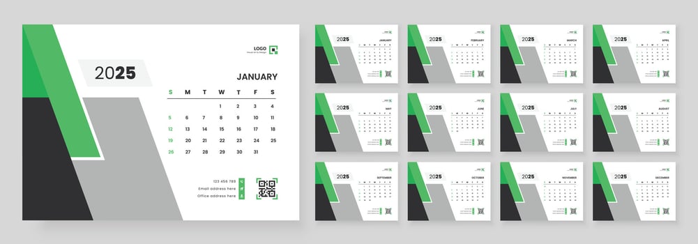 Calendar 2025 corporate template design set. Monthly planner design in corporate and business style, 12 months included. vector