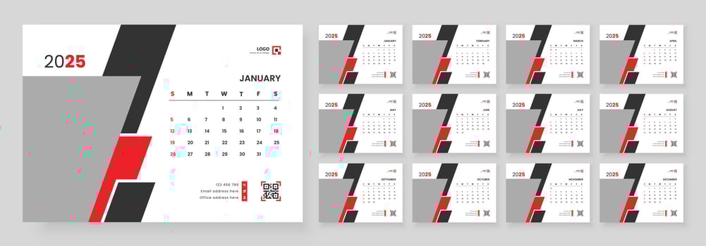 Desk Calendar Template 2025, Calendar 2025 corporate template design set, 12 months included vector
