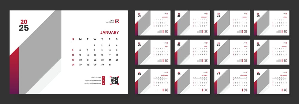 Desk Calendar Template 2025. Week start on Sunday. Minimalist desk calendar 2025 template. vector