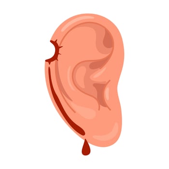 Wounded ear. bullet hole. Injured human ear with blood drops. a sense of injury or pain associated with the ear. Flat style illustration vector