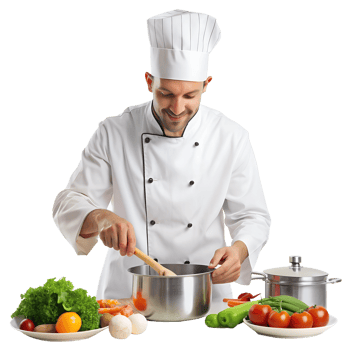 Male chef in white uniform preparing a dish with fresh vegetables and stainless steel cookware in a kitchen. png