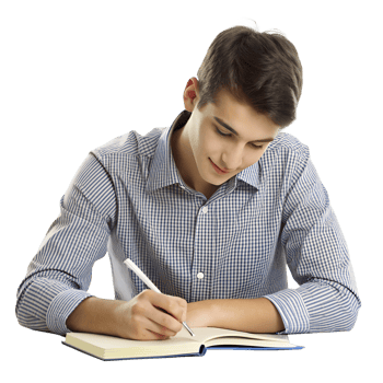 Young man in checkered shirt writing in a notebook at desk, focused on studies. Ideal for education and academic themes. png