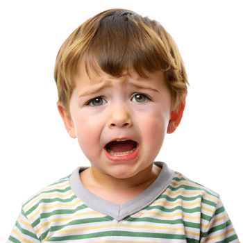 A close-up of a young child with a tearful expression, wearing a striped shirt, displaying emotions of sadness and distress. png
