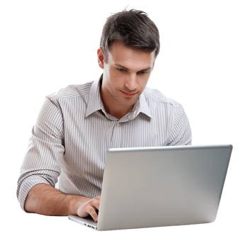 Businessman focused on using a laptop, wearing a striped shirt. Ideal for business, technology, and professional-related themes. png