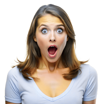 A woman with a surprised expression, wide eyes, and an open mouth, wearing a light blue shirt against a white background. png