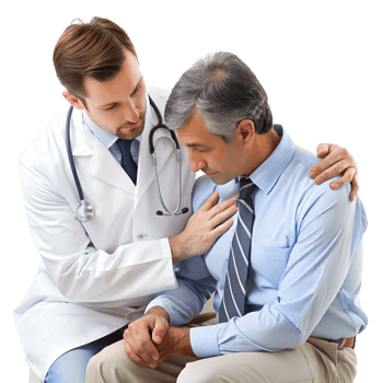 A doctor providing emotional support to a patient, demonstrating compassion, care, and professional medical consultation in a clinical setting. png