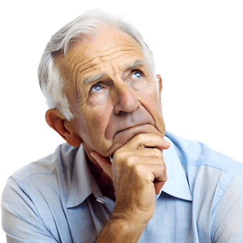 Elderly man deep in thought, wearing a light blue shirt, isolated on a clean white background, demonstrating contemplation and wisdom. png
