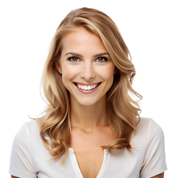Portrait of a smiling blonde woman with wavy hair in a white shirt against a white background. png