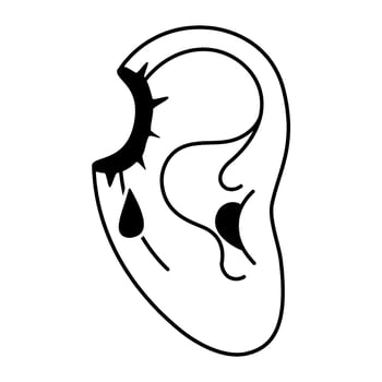 Wounded ear Black and white icon. bullet hole. Injured human ear with blood drops logo. a sense of injury or pain associated with the ear. line art style illustration vector