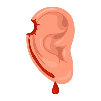 Injured human ear with blood drops. Wounded ear. bullet hole. a sense of injury or pain associated with the ear. Flat style illustration vector