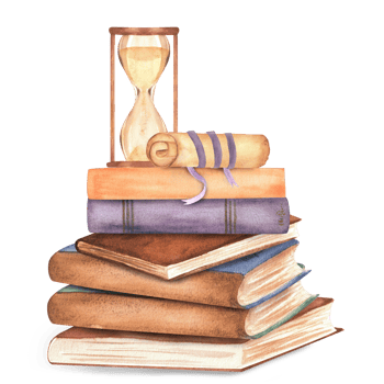 A pile of books with scroll and hourglass on top. Clipart elements on the topic of reading. Library, bookstore, bookshop, university, Hand-drawn watercolor illustrations. png