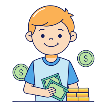 Cartoon kid with money and coins on table, smiling illustration of financial concept for children, savings, and education. png